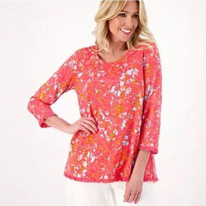 LOGO by Lori Goldstein Cotton Modal Printed Top With Lace Trim Size XS Teaberry